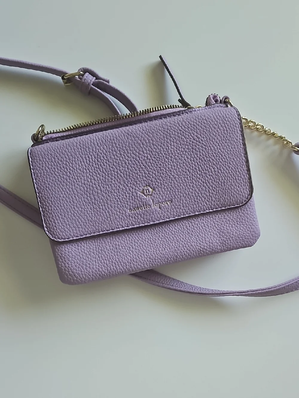 Nanette Lapore lilac leather crossbody wallet with gold hardware